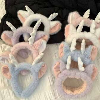 1 件女式秋冬毛绒可爱鹿角白色、粉色、蓝色，时尚百搭高端优雅简约纯色头饰，适合日常外出、休闲、派对、通勤、度假、马尾辫、发髻发型、洗脸、化妆、服装配饰、发带、发箍、头饰