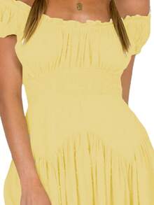 Women Flowy Pirate Dress Fairy Short Sleeve Y2k Off Shoulder Ruffle Corset Mini Dresses - 黃色 - 查看 2