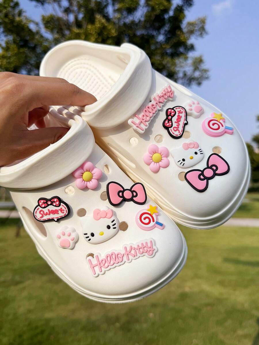 14pcs Sanrio Hello Kitty, Bow, Cat Paw, Lollipop Hollow Shoe Charms, Removable DIY Shoe Decorations Suitable For Slippers, Sandals, Beach Shoes, Beach Bags, Fashion Accessories, Great For Children's Day And Other Special Occasions