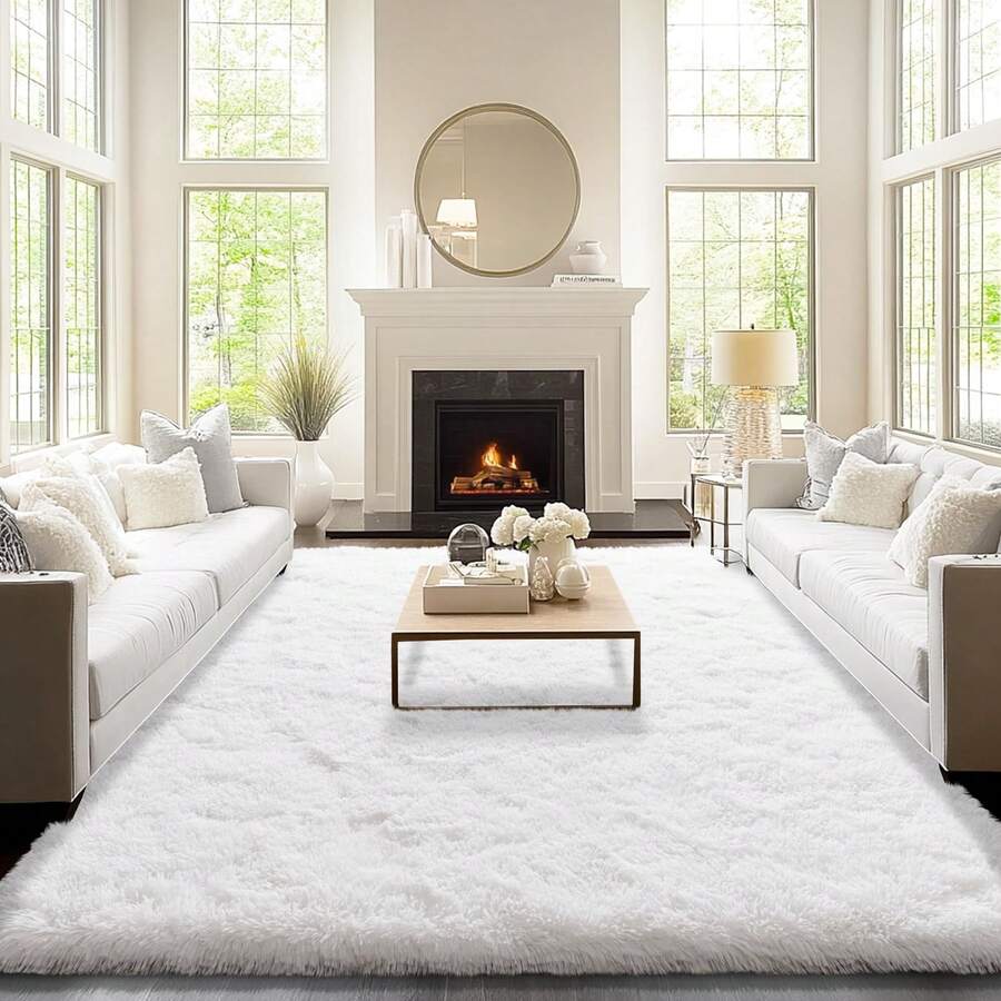 Thảm trải sàn màu trắng mịn 6ft X 9ft, thảm lông xù cỡ lớn thích hợp cho phòng khách hoặc phòng ngủ, thảm lông dày và mềm mại tạo thêm bầu không khí ấm cúng cho không gian - trắng - Xem 1