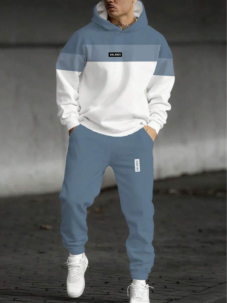 男士卫衣运动裤套装,休闲时尚慢跑运动服,带帽两件套,100% 涤纶,适合春秋季穿着,无绒面料,轻盈顺滑,略带弹性 - 彩色 - 查看 1