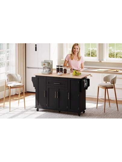 120*45cm, Mobile Kitchen Isl Trolley, Worktop Extends Up To 70cm, Hidden Cutlery Drawer, Adjustable Shelves, Spice Rack Towel Holder, Kitchen, Dining Room Or Living view 8