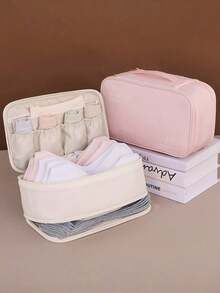 便携式双层尼龙内衣收纳袋，非常适合旅行和居家收纳胸罩、内裤、袜子等，粉色和米色可选，可作化妆包使用，旅行必备。 - 彩色 - 查看 1