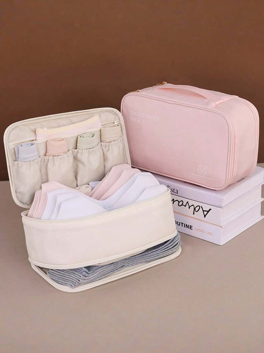 便携式双层尼龙内衣收纳袋，非常适合旅行和居家收纳胸罩、内裤、袜子等，粉色和米色可选，可作化妆包使用，旅行必备。 - 彩色 - 查看 1