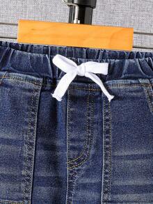 Young Boys Gray Long Sleeve Geometric Textured Crew Neck Sweatshirt + Elastic Denim Pants, Casual Outfit For Daily Wear - Grey - View 6