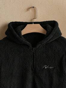 Men Letter Embroidery Quarter Zip Coral Hoodie Fluffy Black Letter Long Sleeve Thick Casual Sherpa Hoodie, For Friends, Husband, Boyfriend Gifts - Black - View 3