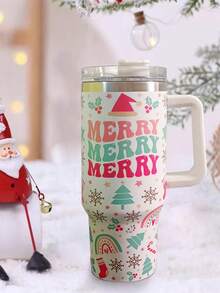 1 pieza Vaso aislado con asa, taza y termo al vacío con pajita, de acero inoxidable con diseño de árbol de Navidad