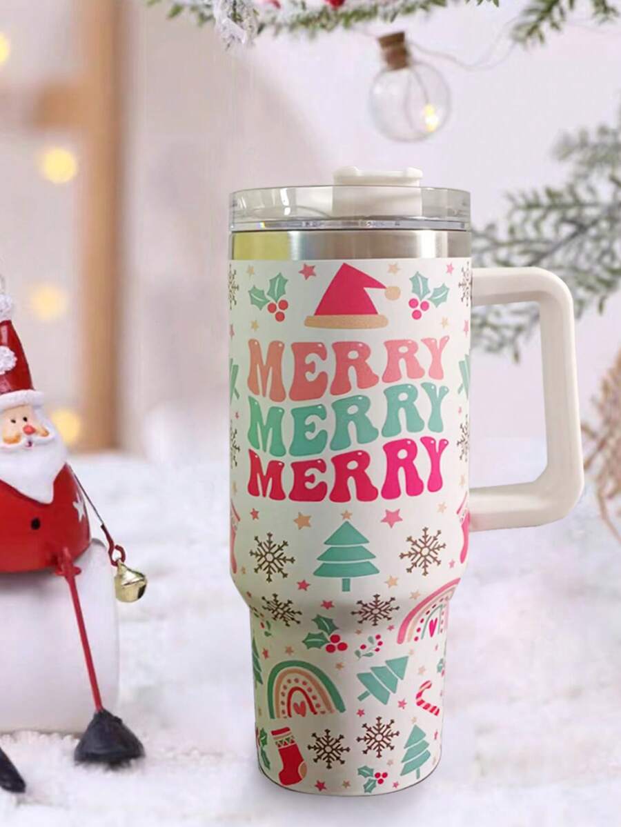 1 pieza Vaso aislado con asa, taza y termo al vacío con pajita, de acero inoxidable con diseño de árbol de Navidad