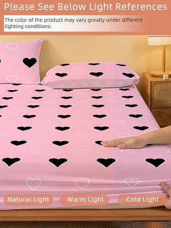 1 pieza Sábana ajustable suave y cómoda, ropa de cama, sábana ajustable, protector de colchón, funda de colchón amigable con la piel, regalo del Día de San Valentín, juego de ropa de cama con diseño de corazón de dibujos animados y patrón geométrico, decoración del hogar con diseño de corazón lindo, apto para camas individuales, dobles, queen y king, certificado Oeko-Tex