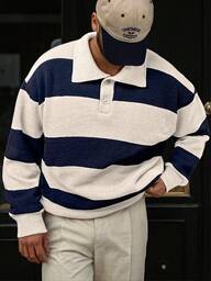 Blusa polo casual listrada em cores contrastantes, leve e de corte slim, unissex, ideal para outono/inverno.