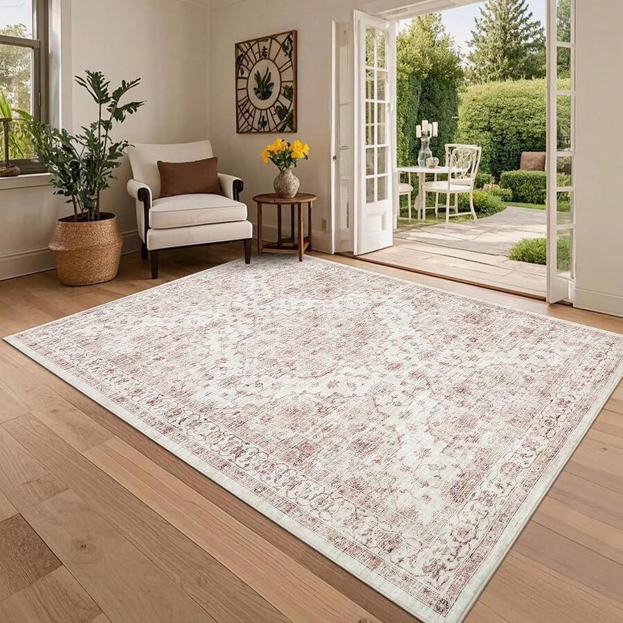 Grand tapis floral, tapis de salon pliable antidérapant avec imprimé, tapis de sol usé lavable en machine, tapis d'intérieur traditionnel facile à nettoyer pour chambre à coucher, salle à manger - Rose bonbon - Voir 1