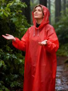 1pc Thick Hooded Raincoat, Waterproof Jumpsuit Rain Jacket For Men And Women, Plus Size Couple Rainwear - Red - View 2