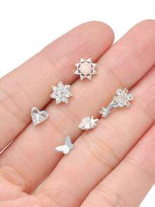 12 PCS Nose Rings Stud L Shape Nose Rings Cubic Zirconia Butterfly Flower Eye Moon Crown Heart Lightning Shape Nose Studs Piercing Jewelry For Women Men 20G Silver Tone