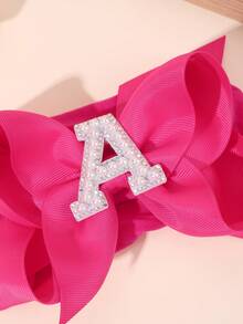 1 Pc A-Z Letters Elegant Plain Large Bow Ribbon Headband For Girl Baby Sweet Pearl Bow Hairbands Soft Satin Hair Bows Fashion Hair Accessories - Hot Pink - View 3