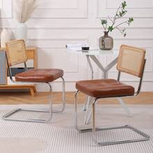 Mittelalterliche moderne Esszimmerstühle, ein Satz von 2-Rattan Esszimmerstühlen mit weichen gepolsterten Kunstlederelementen, armlose Mesh Rückenlehne Rattan Stühle, Metall Chrom Beine(Black)