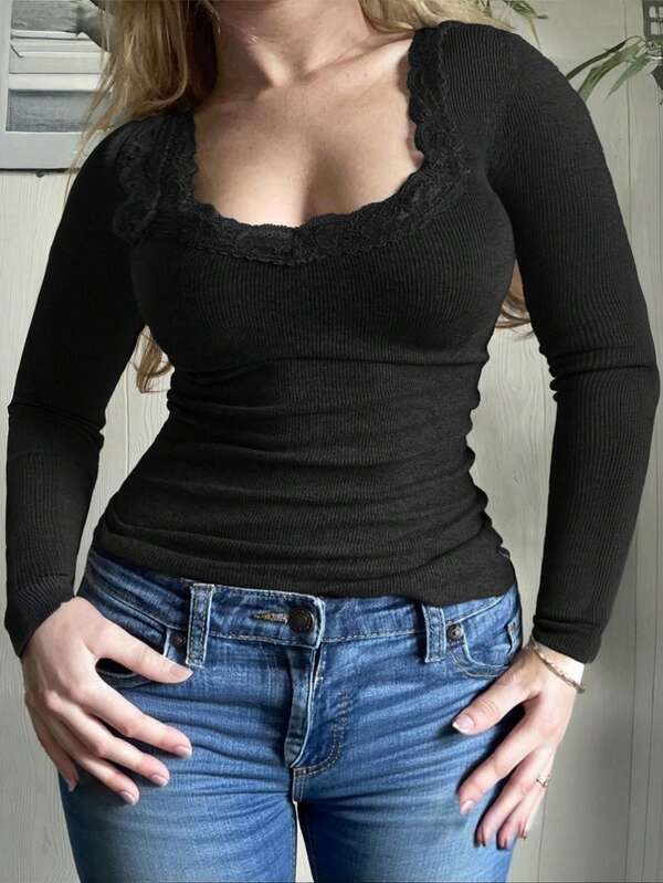 GAOVOT Maglietta da donna stile Y2K, abbigliamento autunnale da donna per il ritorno a scuola, top lavorato a maglia a maniche lunghe con scollo quadrato in pizzo e colore tinta unita sexy e casual