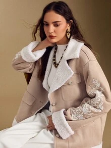 Simplee Women's Spring New Delicate Embroidered Suede Jacket, Front Button Closure, Long Sleeve - Light Beige - View 6