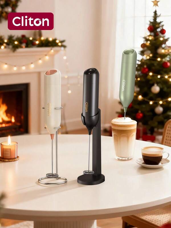 CLITON 1pc Powerful Electric Milk Frother Handheld With Stainless Steel Stand Battery Operated Whisk Drink Mixer For Coffee,Frappe, Latte, Matcha, Hot Chocolate, Mini Hand Blender 2025 Version, Battery Operated Hand Frother Stirrer Wand-Black Hand Mixer Milk Frother For Coffee - Frother Handheld Foam Maker For Lattes, Electric Whisk Drink Mixer Mini Foamer For Cappuccino, Frappe, Matcha, Hot Chocolate - Kitchen Gifts - Black