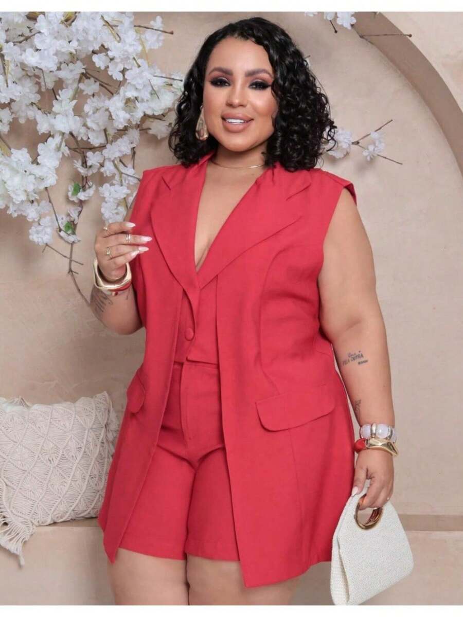 Women's Premium Plus Size Double Vest And Short Set - Red - View 1