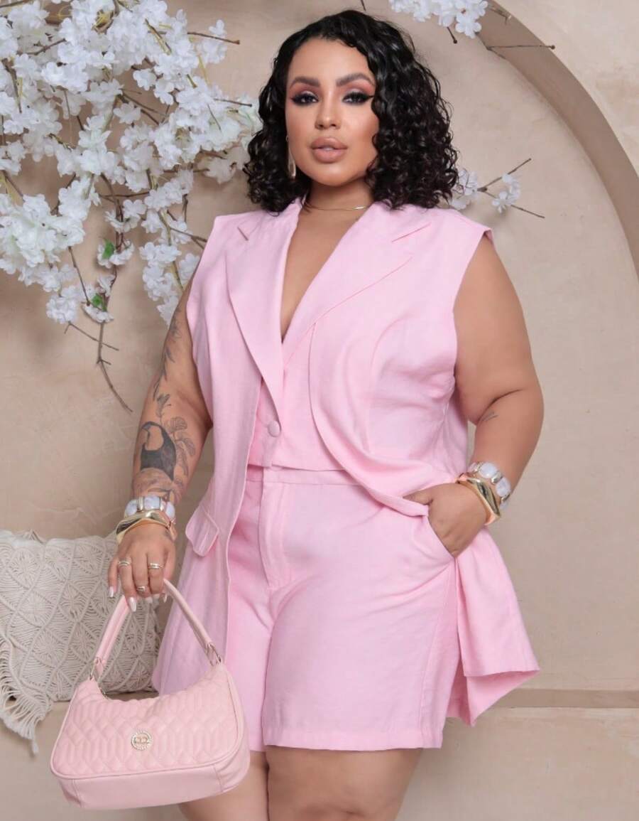 Women's Premium Plus Size Double Vest And Short Set - Rosa Claro - View 1