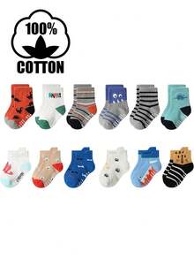 6双/12双装棉质星点防滑儿童袜，卡通透气防滑中筒袜，男女童均适用 - 彩色 - 查看 10