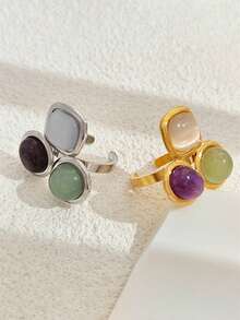 1 pieza Anillo de piedra tricolor asimétrico, diseño minimalista de acero inoxidable chapado en oro de 18K