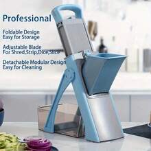 [5 In 1] Multifunctional Vegetable Cutter, Manual Fruit Cutter With Adjustable Stainless Steel Blade, Foldable Design, Large Capacity 1-10L, ABS Material, With Container, Onion Chopper For Chopping, Slicing, Removing, Dicing - 藍色 - 查看 3