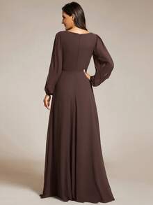 Elegant Applique Design Split Long Sleeve Bridesmaid Dress, Suitable For Wedding Wear - Coffee Brown - View 2