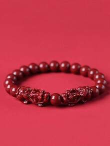 1 件红朱砂珠风水貔貅手链男女时尚弹性手链（6 毫米-12 毫米）