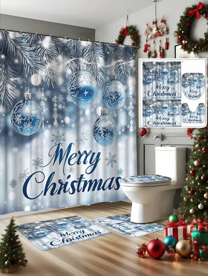 1/3/4 Pcs Christmas Happy Shower Curtain Set, Christmas Tree Branch And Crystal Ball Decor Shower Curtain, Bathroom Window Curtain Set, Blue Bathroom Set, Includes Bathroom Non-Slip Mat, U-Shaped Toilet Seat Cover And 12 Hooks - Machine Washable Holiday Bathroom Decor, Home Decor, Christmas Decorations