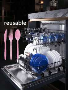 Zestaw 10-30 szt. różowych plastikowych naczyń stołowych, idealny na imprezy festiwalowe, Dzień Matki, wesela, urodziny i spotkania – modne noże, widelce i łyżki do ciasta – odpowiednie na formalne wydarzenia i do jadalni (wielokrotnego użytku)