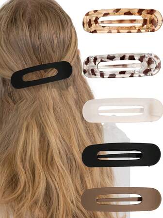 Set de 5 pinzas para el cabello de estilo coreano elegantes - ¡Colores mixtos negro/marrón/estampado de leopardo/blanco! Pinzas para el cabello simples coreanas, esenciales para el peinado, accesorios versátiles para uso diario, pasadores para el cabello, barrettes