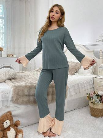 Autumn And Winter Jacquard Women's Long Sleeve And Trousers Pajamas Set, Comfortable Round Neck Rolled Hem Wide Cuffs Contrast Color Elegant Pajamas Set