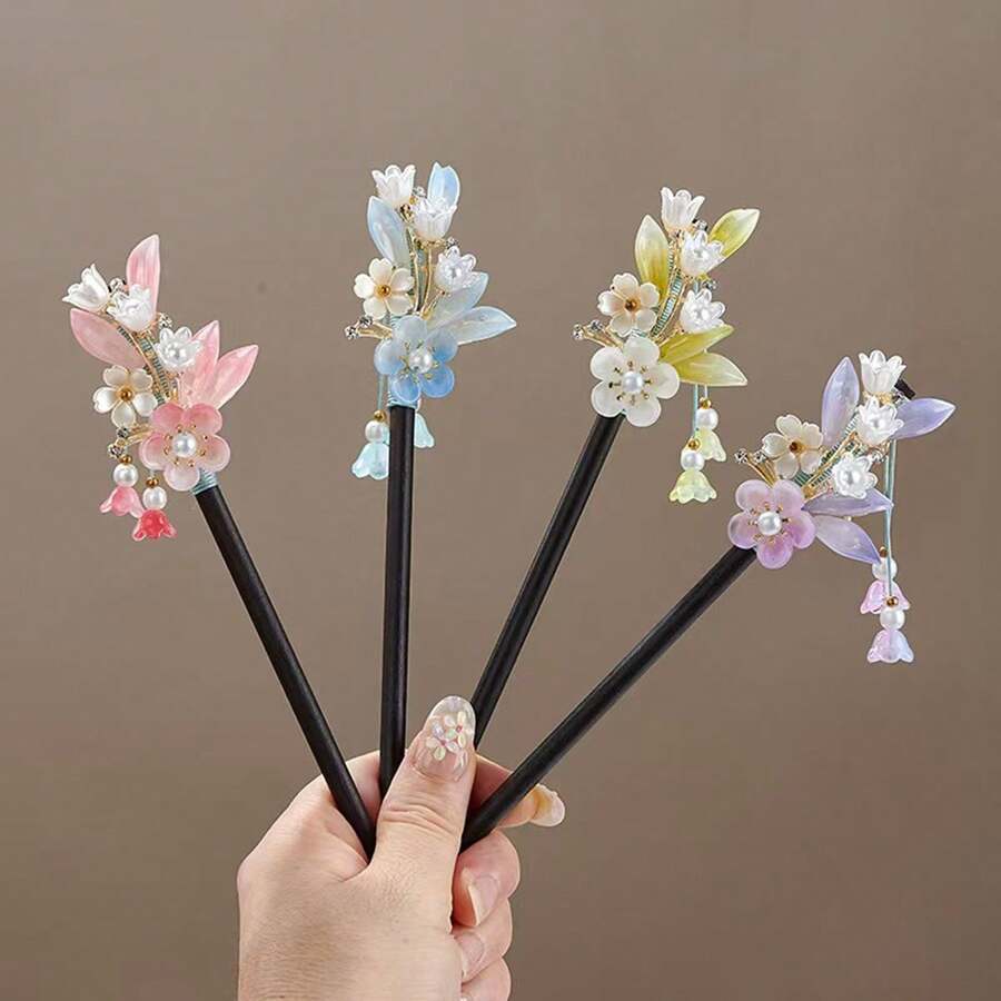 1件/4件裝清新花卉復古流蘇髮簪,新中式盤髮髮簪,古風旗袍配件,精緻花卉設計,混紡材質與巧妙工藝,女士花卉流蘇髮簪 - 彩色 - 查看 1
