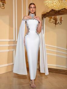 Love Aing Vestido de mujer elegante con adorno de rhinestone de Love Aing, vestido de capa blanco largo de manga larga y cuello alto ajustado, vestido de gala formal para boda, fiesta, banquete