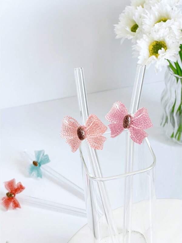 1pc Matte Solid Color Bowknot Glass Straw, Transparent Smoothie Milk Tea Juice Milkshake Cocktail Cold Drink Party Cartoon Matte Solid Color Bowknot Bent Glass Straw, Reusable