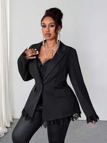 Whisplicity Plus Size Women Office Blazer Jacket With Lapel Neck Long Sleeve, Contrast Lace, Button Pockets - Black - View 6