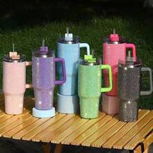 1pc 40 Oz Tumbler With Handle And Straw Lid, Studded Bling Diamond Tumbler, Stainless Steel Insulated Water Cup, Double Wall Travel Mug Fix For Car Cup Holder For Women - 白色 - 查看 8