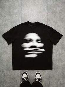 Teen Girl Summer Tops Baby Tees, Blurred Face Pattern Graphic Tee, Teen Girl Clothes Girls Shirts, Abstract Y2K Style Top, Artistic Casual Outfit, Soft - 黑色 - 查看 1