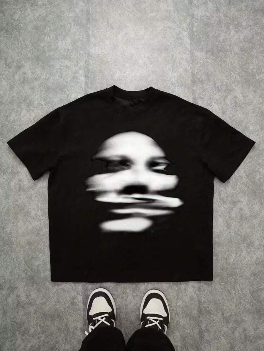 Teen Girl Summer Tops Baby Tees, Blurred Face Pattern Graphic Tee, Teen Girl Clothes Girls Shirts, Abstract Y2K Style Top, Artistic Casual Outfit, Soft - 黑色 - 查看 1