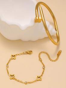 New Fashionable Vintage Stainless Steel Four-Leaf Clover Bracelet & Bangle Set, Suitable For Women's Daily Wear - Yellow Gold - View 2