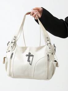 Túi đeo vai Xiuya Y2K dung tích lớn, túi đeo chéo bằng da PU màu đen, phong cách Punk Goth Mỹ, túi xách thiết kế tối giản thời trang. - Màu be - Xem 10