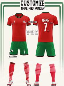 2pcs Personalized Portugal Football Jersey Men, Sports Tracksuit, Running Suit, T-Shirt Set, Suitable For Football, Badminton, Basketball, Cycling - Red - View 1