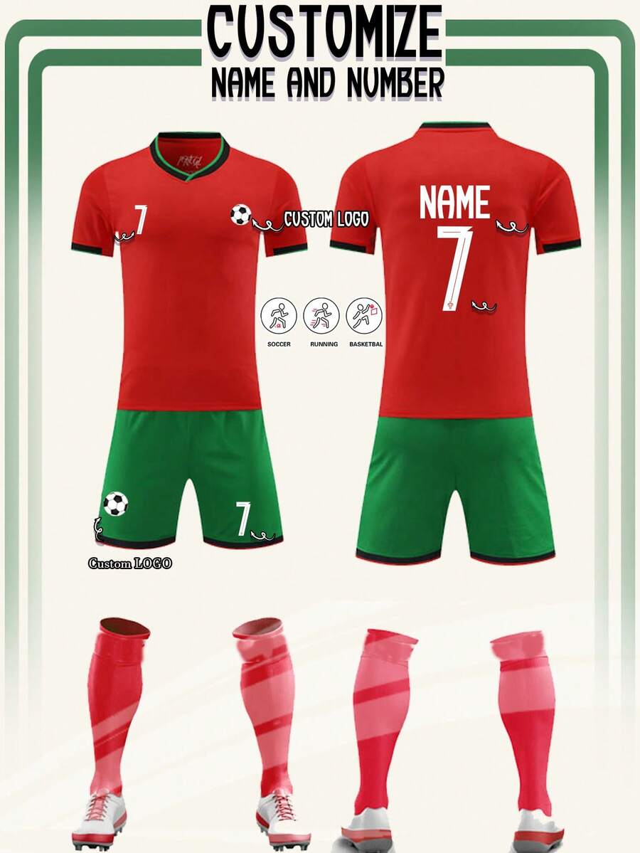 2pcs Personalized Portugal Football Jersey Men, Sports Tracksuit, Running Suit, T-Shirt Set, Suitable For Football, Badminton, Basketball, Cycling - Red - View 1