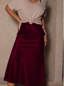 Women's Satin Midi Long Skirt High Waist Elegant Luxury - 酒紅色 - 查看 3