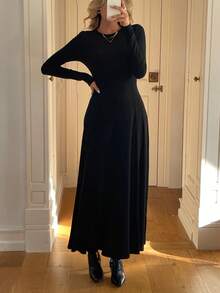Abito midi a-line elegante da pendolare con collo rotondo e colore unito, autunnale - nero - Visualizzare 3