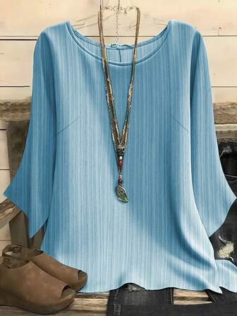 Camisa casual de manga de murciélago de unicolor para vacaciones en talla grande