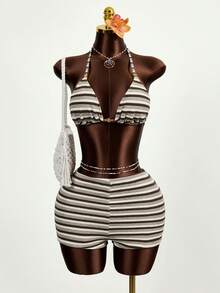 Zestiva Bộ đồ bơi 2 món mùa hè dễ thương cho nữ, áo bikini tam giác đính hạt nhựa và quần short, đồ bơi vải đặc biệt - Cà phê nâu - Xem 1
