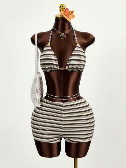 Zestiva 女士夏季休闲可爱两件套沙滩装，树脂珠饰三角形比基尼上衣和短裤，特殊面料泳衣