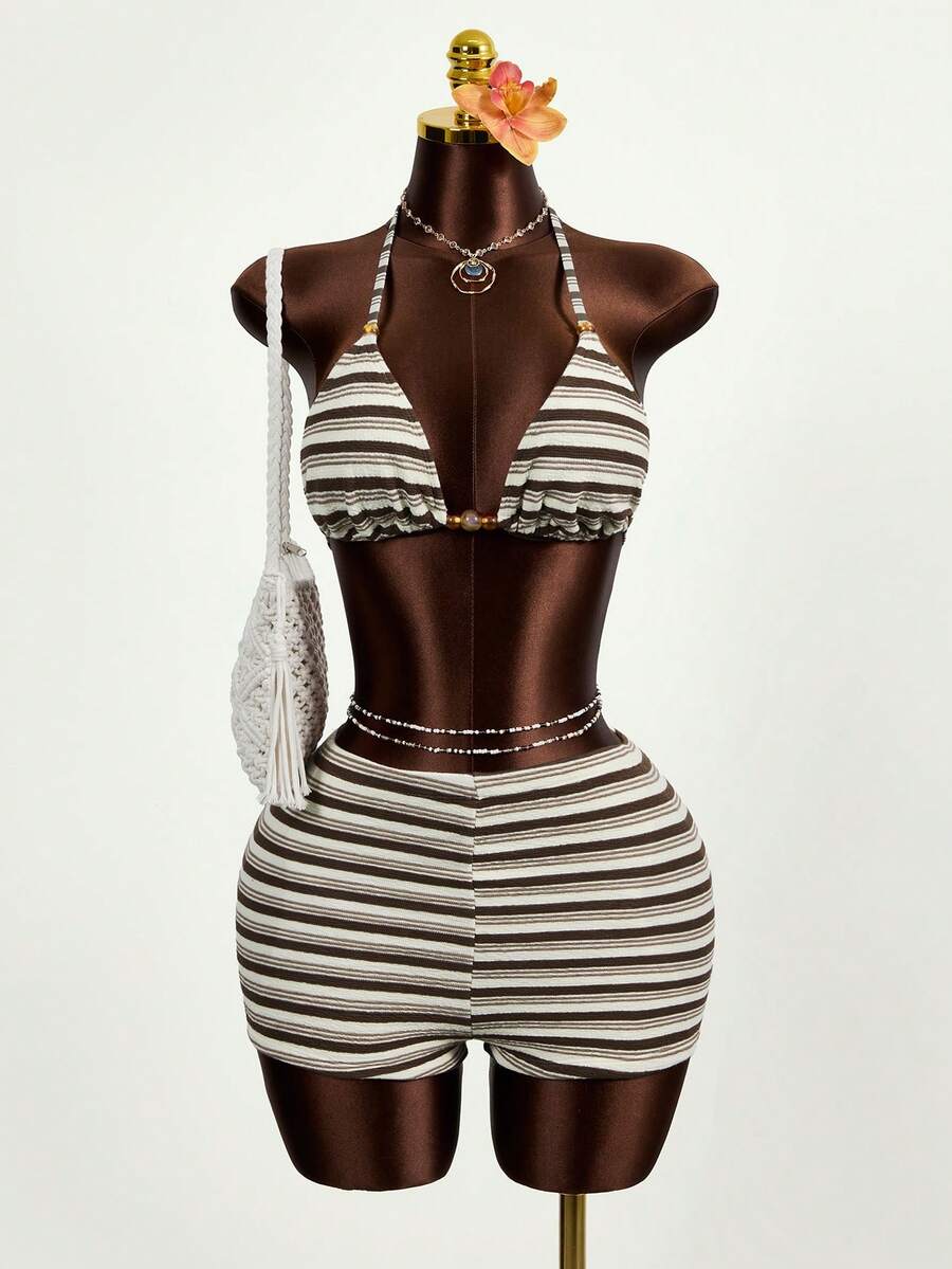 Zestiva Bộ đồ bơi 2 món mùa hè dễ thương cho nữ, áo bikini tam giác đính hạt nhựa và quần short, đồ bơi vải đặc biệt - Cà phê nâu - Xem 1
